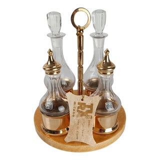 Cruet Set in Gilt Brass, Cut Crystal and Lacquered Goatskin Parchment by Aldo Tura, 1970s, Set of 8 For Sale