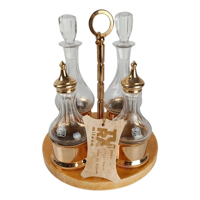 Cruet Set in Gilt Brass, Cut Crystal and Lacquered Goatskin Parchment by Aldo Tura, 1970s, Set of 8 For Sale