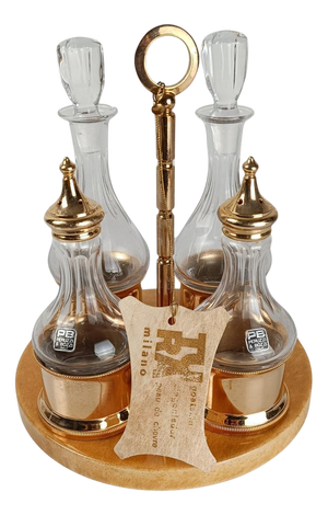 Cruet Set in Gilt Brass, Cut Crystal and Lacquered Goatskin Parchment by Aldo Tura, 1970s, Set of 8
