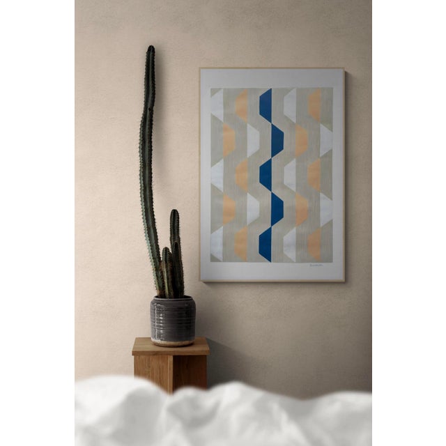 This painting features repeating geometric shapes painted with acrylic paint over a background of beige soft stripes in...