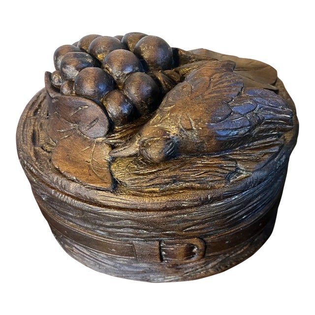 Antique 19th Century Black Forest Carved Wood Oval Box With Nature Morte Bird and Grapes on the Lid For Sale