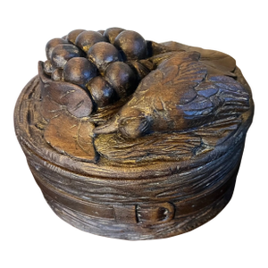 Antique 19th Century Black Forest Carved Wood Oval Box With Nature Morte Bird and Grapes on the Lid