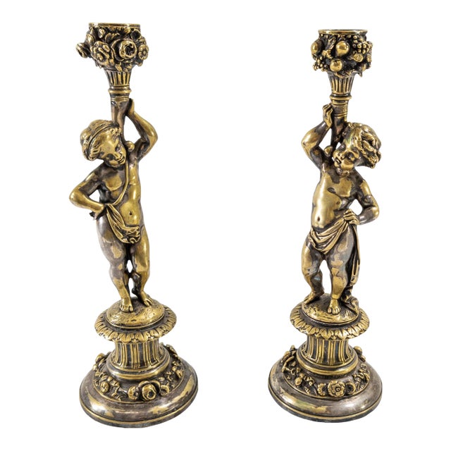 19th Century Pair of French Silvered Bronze Candlestick in Cherub or Putti Form For Sale