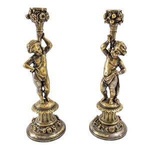 19th Century Pair of French Silvered Bronze Candlestick in Cherub or Putti Form
