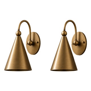 Brass Cone Wall Sconces Handcrafted Wall Lamp With Curved Arms and Tapered Shades - Pair For Sale