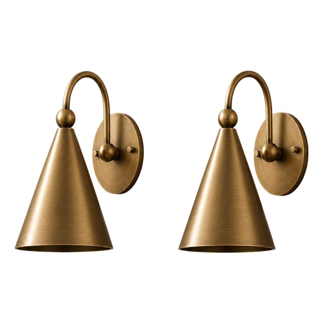 Brass Cone Wall Sconces Handcrafted Wall Lamp With Curved Arms and Tapered Shades - Pair For Sale