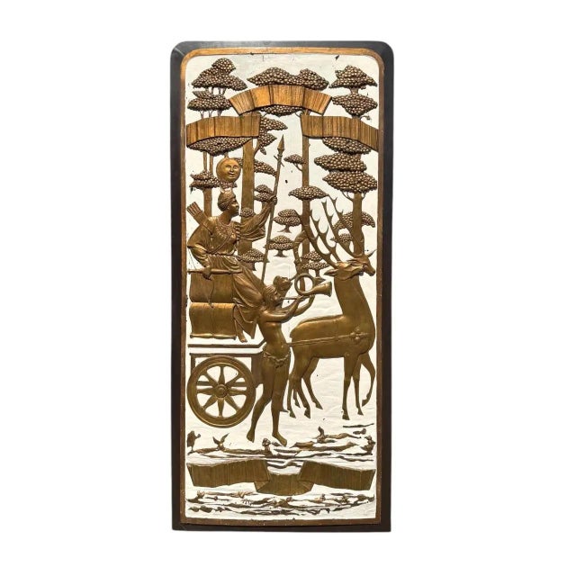 A pair of opposing Grecian inspired carved wood parcel gilt wall panels circa 1920. Scenes depict Athena with her bow,...