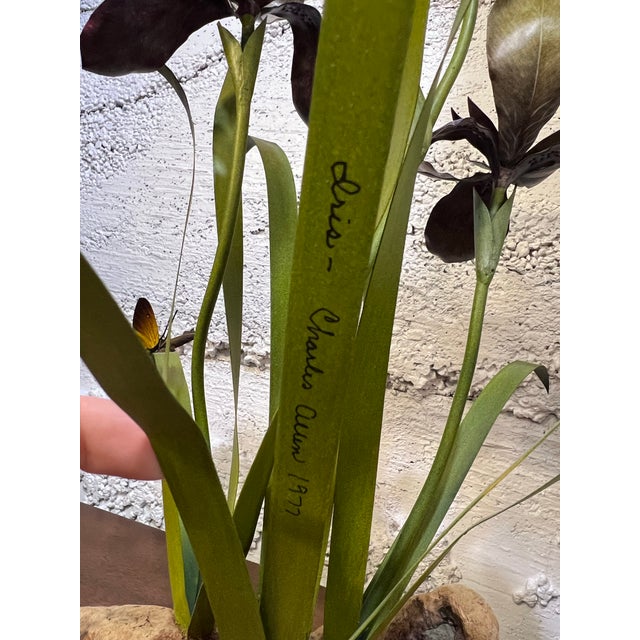 Vintage Charles Allen Metal Iris & Butterfly Sculpture – Natural Wood Base – 17.5" Tall A striking vintage sculpture by...