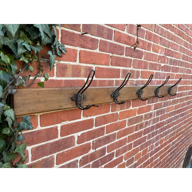 Rustic Pine Coat Hook Rack Rail – Solid Wooden Wall Mounted With Iron Hooks 1900 For Sale - Image 4 of 9
