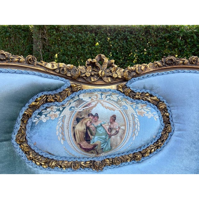1920 French Louis XVI Gold Beech Blue Velvet Settee 1pc For Sale - Image 6 of 13