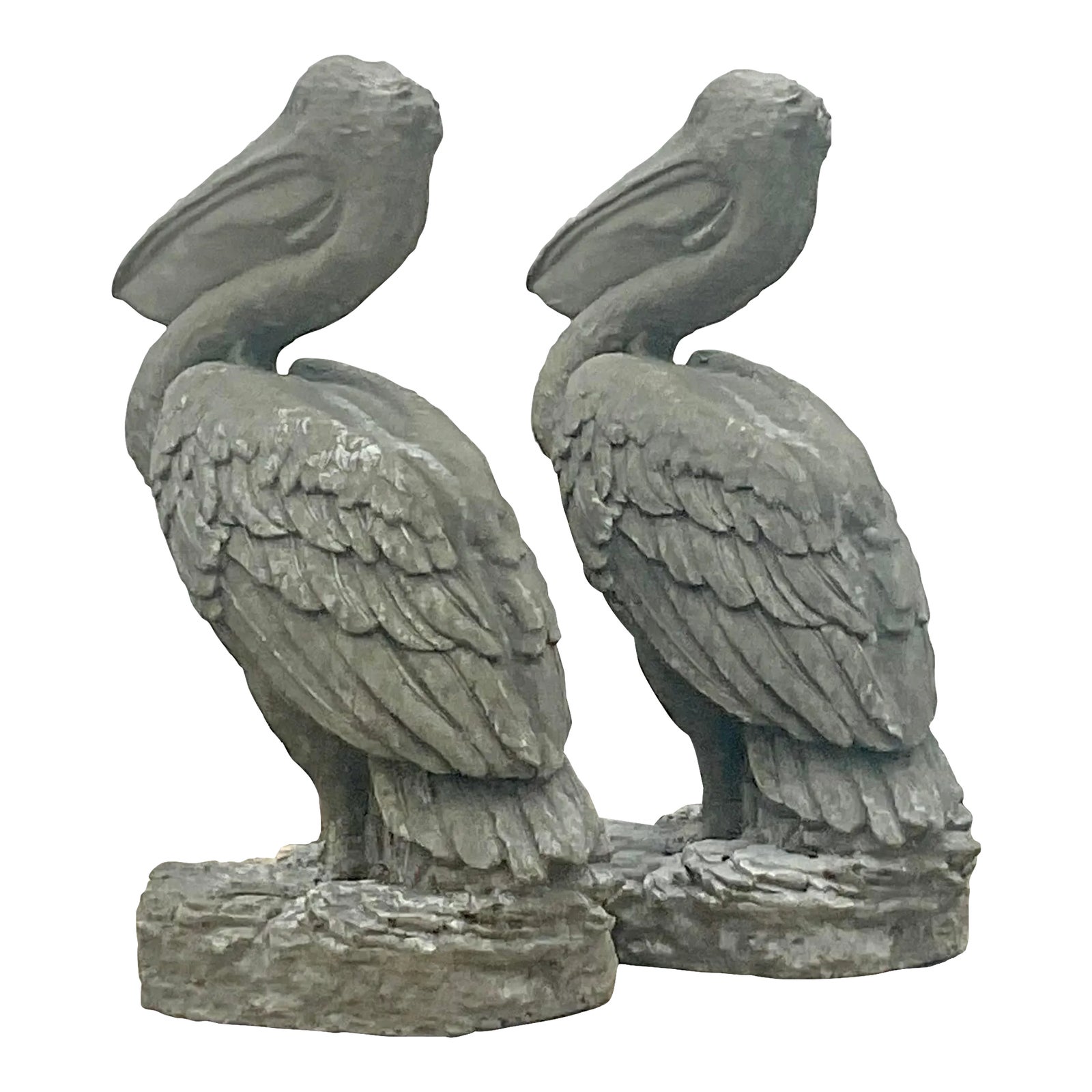Vintage Coastal Monumental Cast Concrete Pelicans Statues a Pair