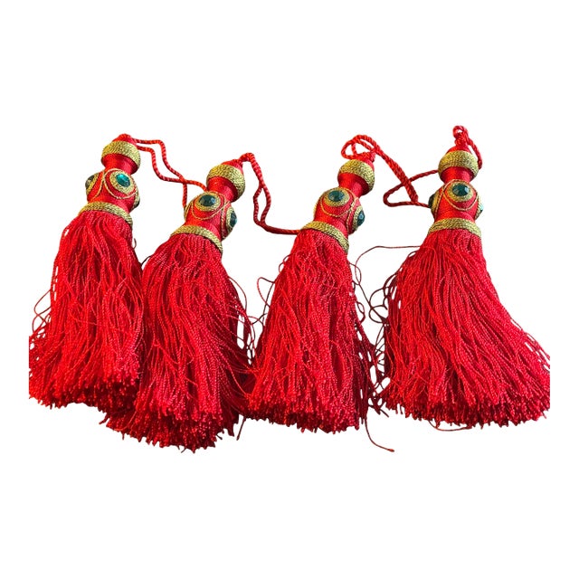 4 Red Gold Silk Tassels Passemanterie Vintage For Sale