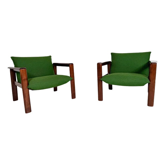 Set of Mid-Century Modern Armchairs in Green Fabric and Wood, Italy, 1960s For Sale