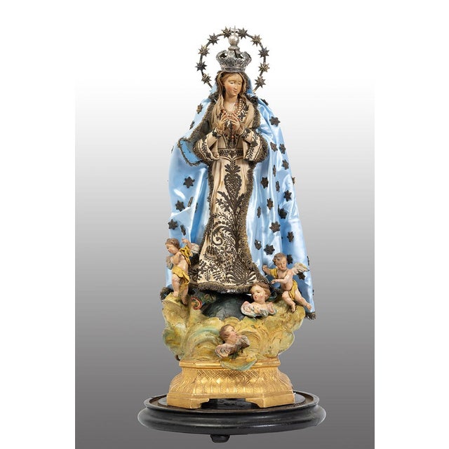 Description: Antique Neapolitan sculpture depicting the Immaculate Virgin Mary, with hands and feet made of wood and a...