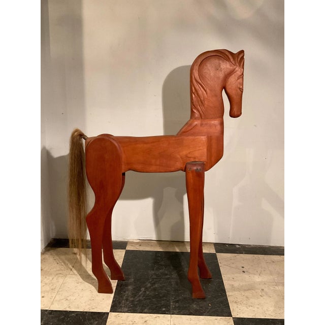 Brown Large Carved Wood Horse With Horse Hair Tail For Sale - Image 8 of 12