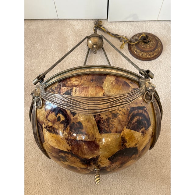 Vintage 1950s Neoclassical Gilded Brass Lion Heads Alabaster Pendant Chandelier For Sale - Image 12 of 18