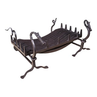 Antique Dragon Motif Fireplace Set, English, Fire Basket, Andirons, Edwardian For Sale