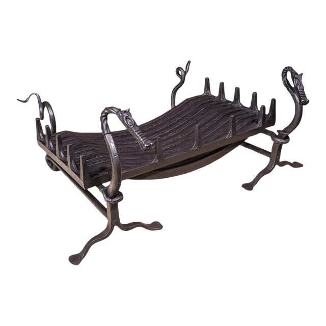 Antique Dragon Motif Fireplace Set, English, Fire Basket, Andirons, Edwardian For Sale