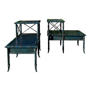 Faux Bamboo Leather Top Step Side Tables, Pair For Sale