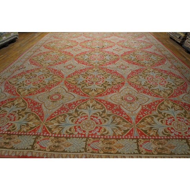 1880s Salmon Floral Medallion Antique French Needlepoint Rug 13'4" X 18' Flatweave Wool Carpet For Sale In New York - Image 6 of 6