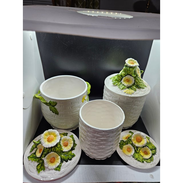 Vtg Geo Z. Lefton 4115 Rustic Daisy Weave Porcelain Ceramic/Porcelain Canister Set - Japan