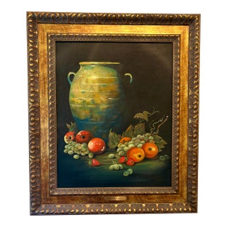 Vintage Oil on Canvas Still Life With Vessel and Fruit For Sale