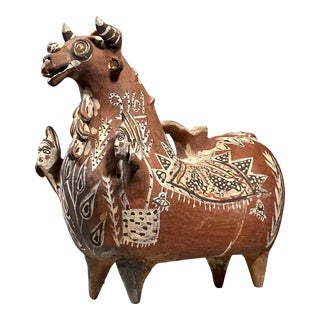 Antique Peruvian Folk Art Polychrome Terracotta Bull Askos With Two Figures For Sale