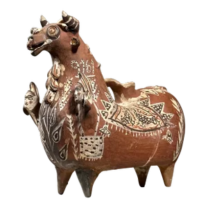 Antique Peruvian Folk Art Polychrome Terracotta Bull Askos With Two Figures