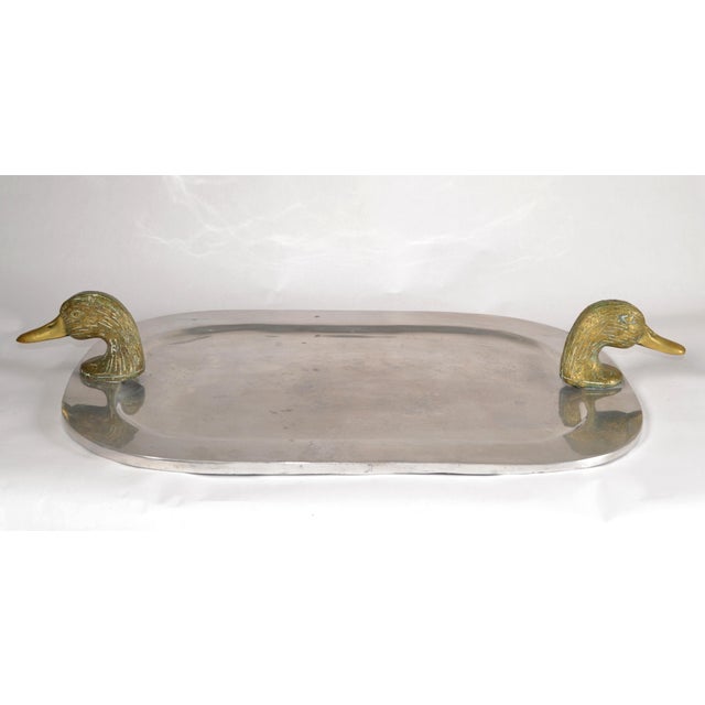 1980s Post Modern Arthur Court Style Pewter Serving Tray Brass Duck Head Handles For Sale - Image 15 of 15