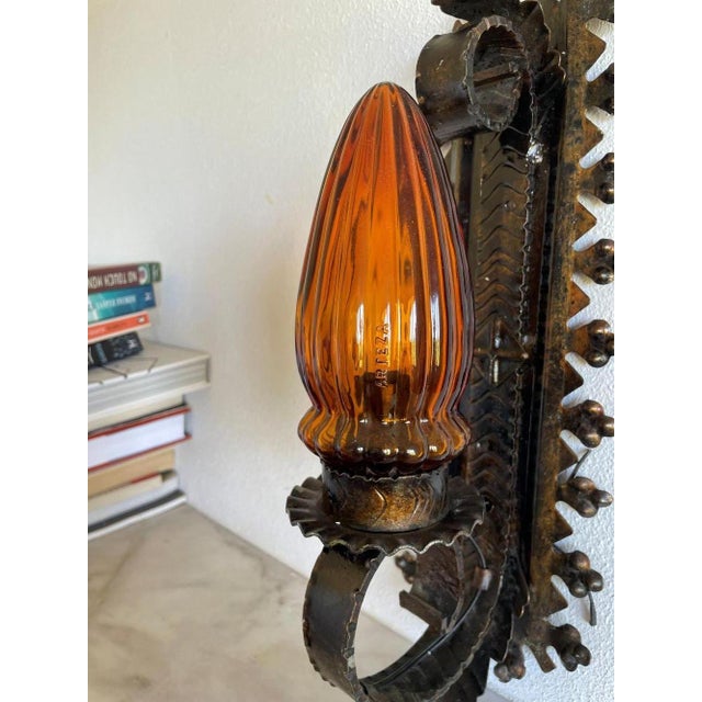 Portuguese Gothic Style Wall Sconce in Wrought Iron with Amber Glass Lampshade, 1960s For Sale - Image 3 of 9