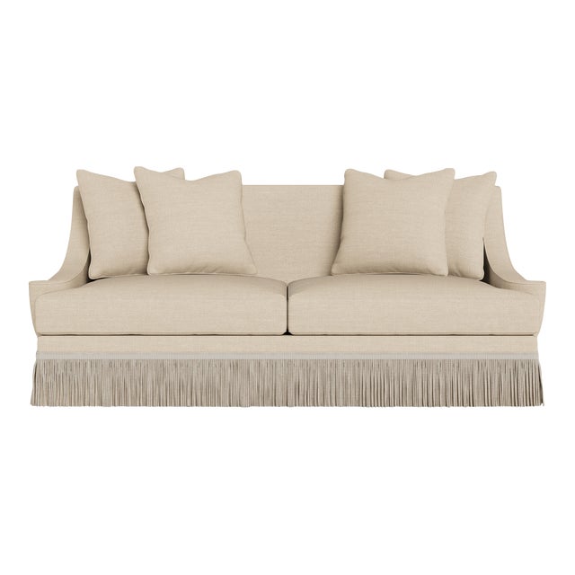Bunny Williams Home Natural Performance Chenille Herringbone with Beige Buillon Fringe For Sale