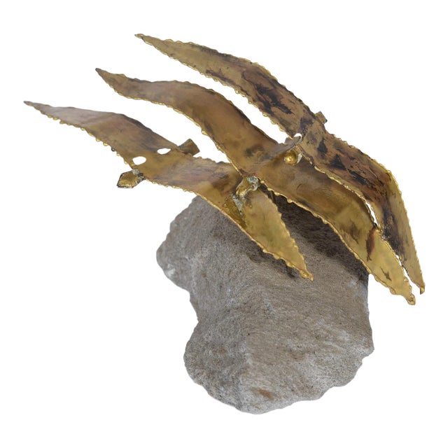 Mid Century Modern Brass Three Birds on Natural Rock Stand Sculpture For Sale