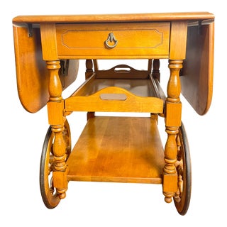 Mid 20th Century Vintage Maple Wood Drop Leaf Drink Cart With Drawer and Removable Tray For Sale