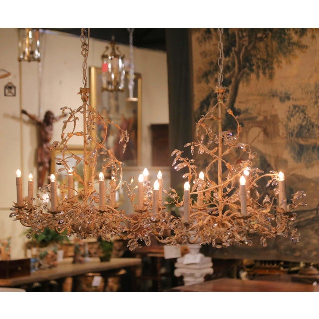 Metal Pair of French Louis XV Painted Tole and Crystal Eight-Light Chandeliers For Sale - Image 7 of 13