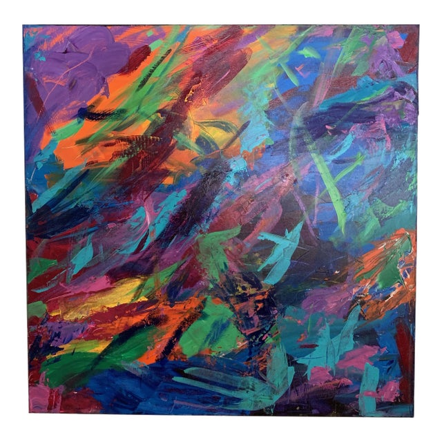 1970s Vintage Abstract Acrylic on Canvas Painting For Sale