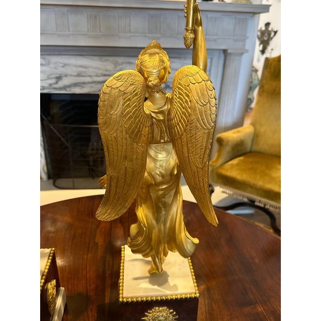 Early 19th Century Pair of 19th Century Swedish Empire Ormolu and Marble Winged Victory Candelabra For Sale - Image 5 of 10