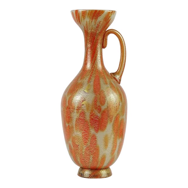 Vintage Murano Fornasa De Opal Gold Flecks White Orange Spots Italian Art Glass Pitcher Vase For Sale