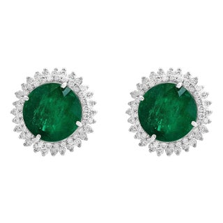 11 Carat Round Emerald and Diamond Stud Earrings 14 Karat White Gold For Sale