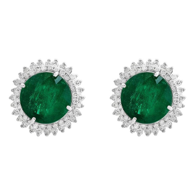 11 Carat Round Emerald and Diamond Stud Earrings 14 Karat White Gold For Sale