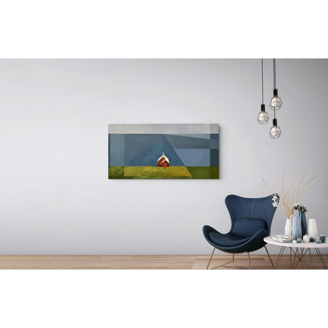Textile Overlook by Justin Wheatley | Acrylic on Canvas Red House With Blue Sky For Sale - Image 7 of 10
