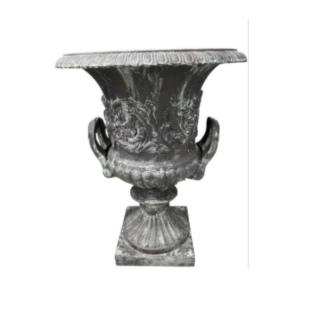 Pair of Vintage Neoclassical Cast Iron Urn Planters in Aged Bronze & Verdigris Finish For Sale - Image 4 of 12