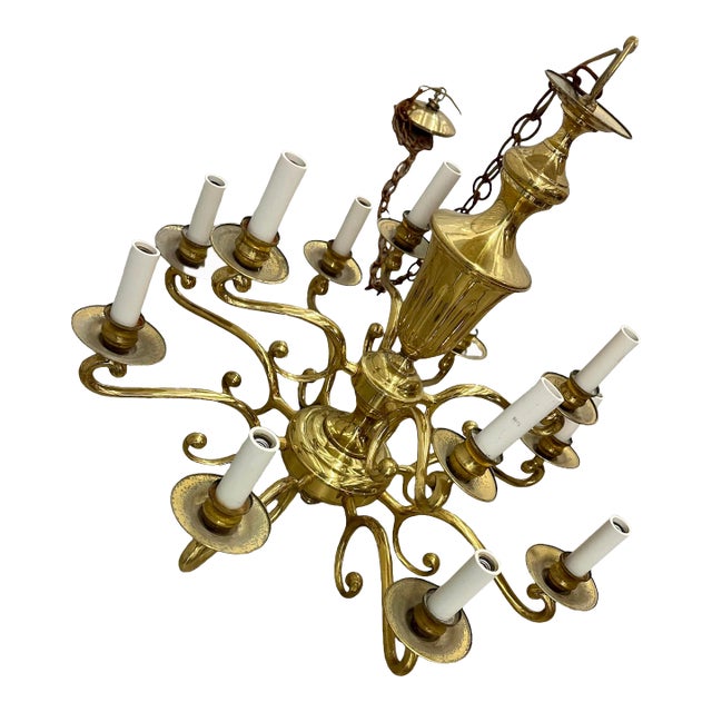 Mid Century Chandelier Heavy Brass Gold Plated Gilt Twelve 12 Arms Lights Scroll For Sale