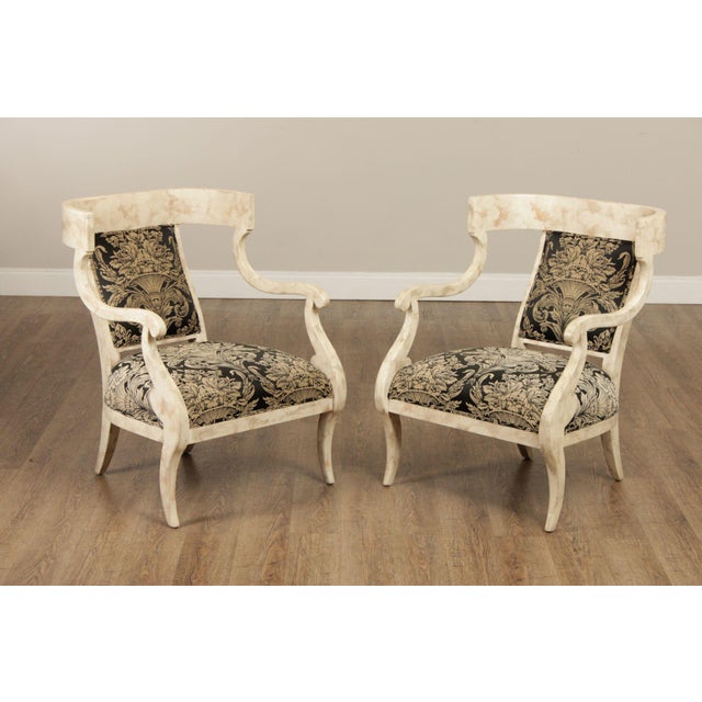 High Quality Regency Style Painted Arm Chairs Featuring Curved Crest Rails, Scrolled Arms, And Saber Style Legs With A...