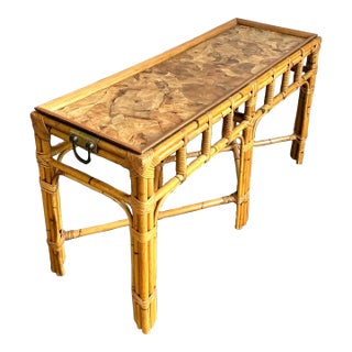 Vintage Boho Bamboo and Burlwood Console Table For Sale
