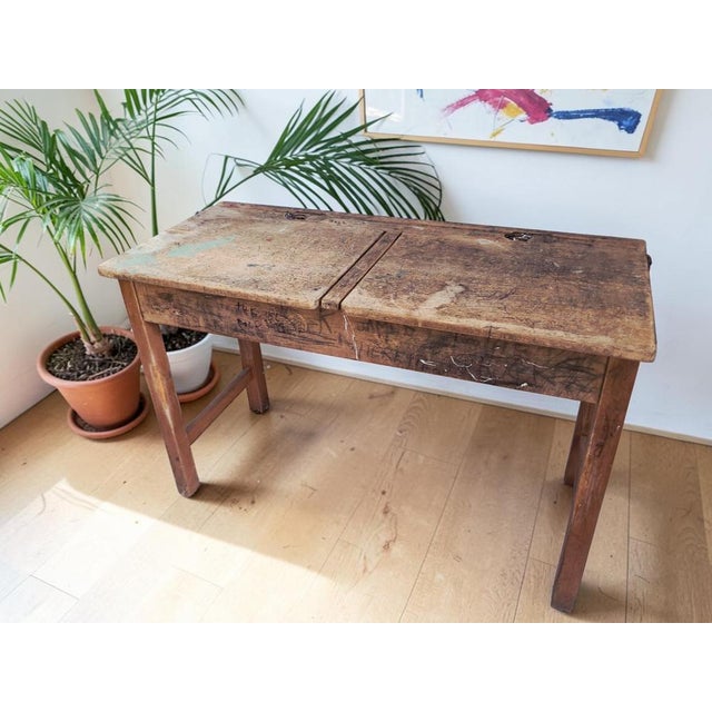 Brown Vintage Double School Desk in Wood, 1970 For Sale - Image 8 of 18