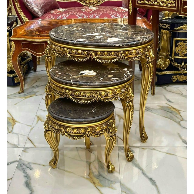 French Style Nesting Tables – Set of 3 Marble With Gold Leaf Details For Sale - Image 4 of 4