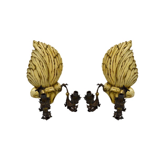 Hollywood Regency Sconces in Carved, Painted and Patinated Wood, 1950s, Set of 2 For Sale