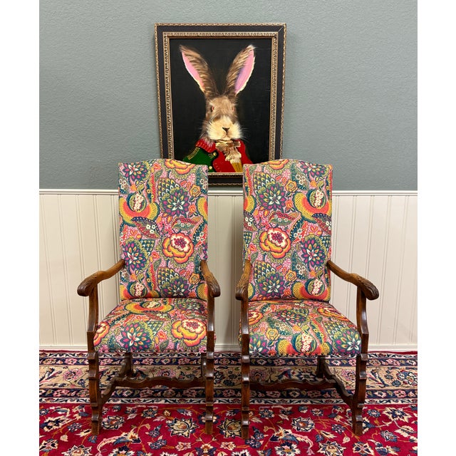 Modern Antique Pair of Catalan Style Carved Oak Recently Upholstered Armchairs C. 1920s For Sale - Image 3 of 18