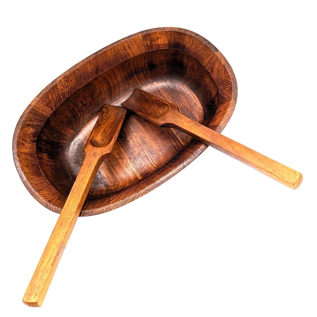 Mid 20th Century Dansk Oval Staved Teak Wood Bowl and Serving Utensils For Sale - Image 9 of 11