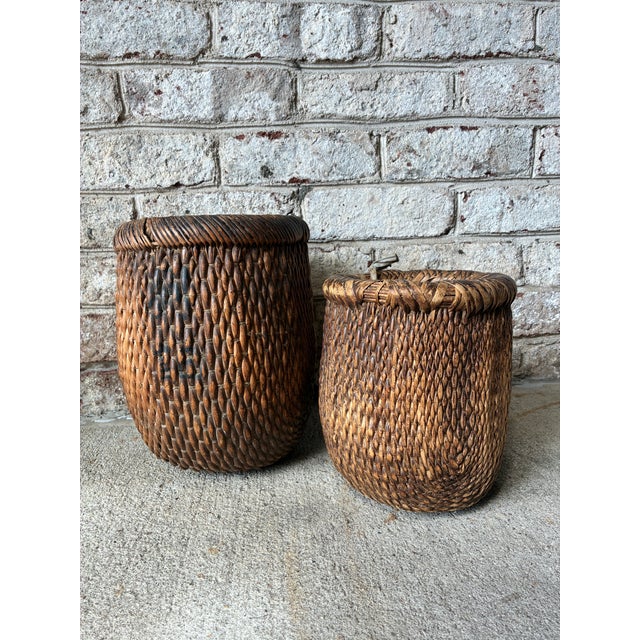Chinese Pair of Vintage Woven Baskets For Sale - Image 3 of 16